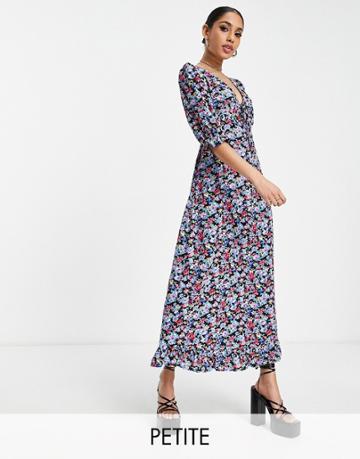 Nobody's Child Petite Tie Bust Puff Sleeve Maxi Dress In Bright Ditsy Floral-multi