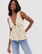 Asos Design Deep Plunge Sun Top With Waist Detail In Stripe - Multi