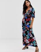 Qed London Kimono Sleeve Maxi Dress In Floral Print - Multi