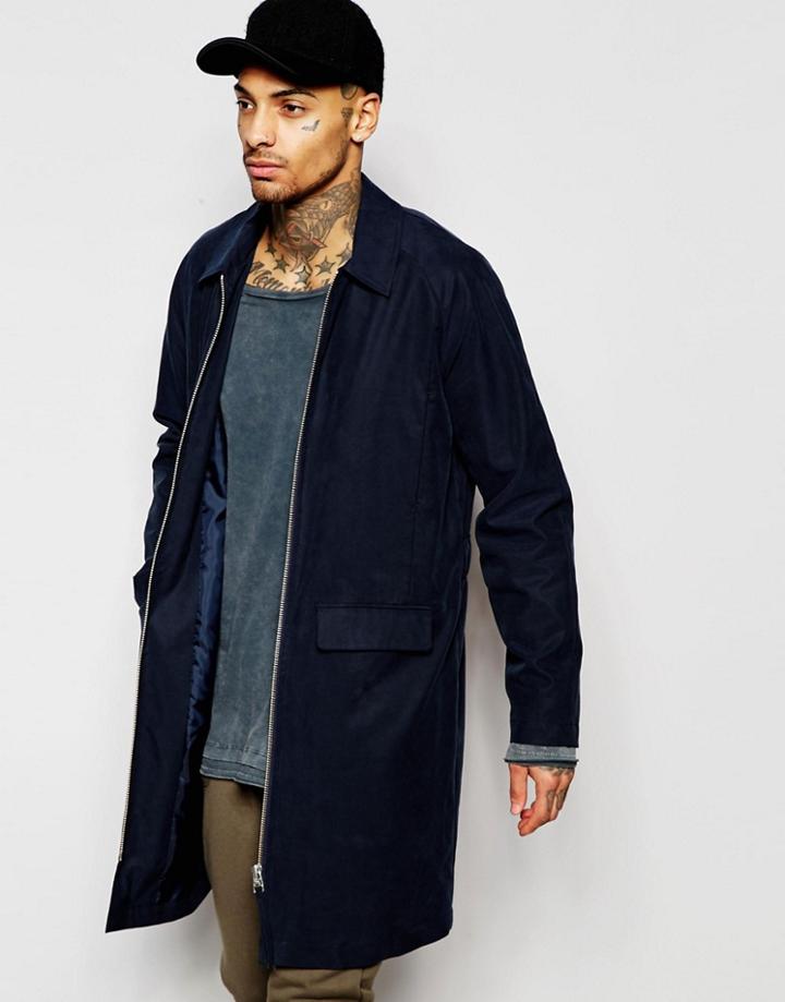 Asos Overcoat With Zip Front In Navy - Navy