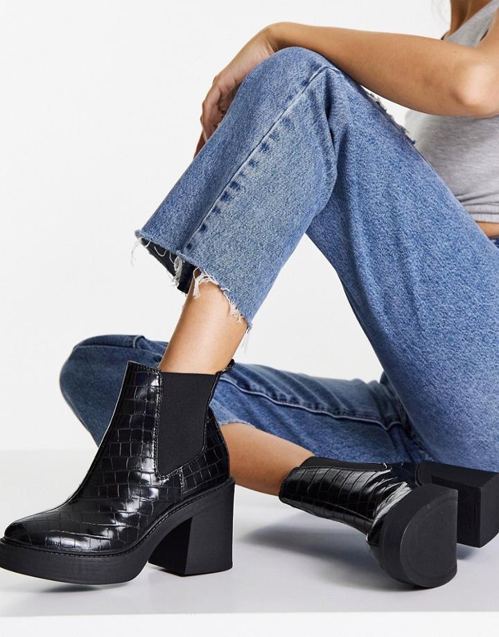 London Rebel Platform Ankle Boots In Black Croc