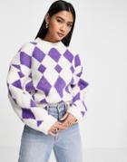 Annorlunda High Neck Boxy Knitted Sweater In Lilac Argyle-purple