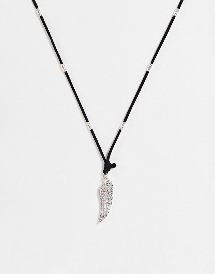 Topman Fabric Necklace With Silver Wing Pendant