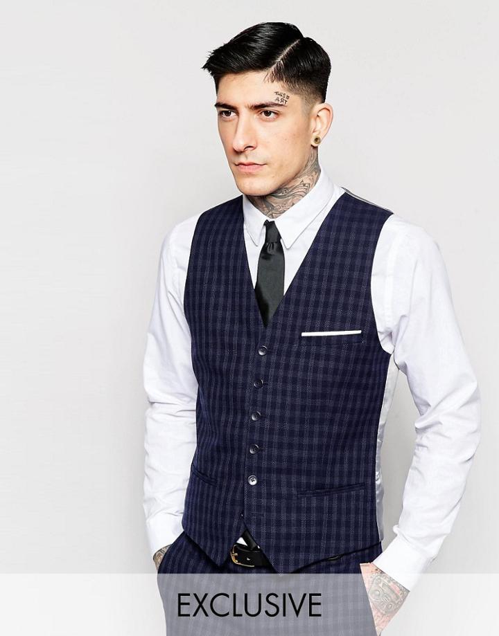 Heart & Dagger Tonal Check Vest In Super Skinny Fit - Navy