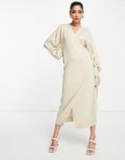 Pretty Lavish Beau Wrap Knit Dress With Tie Waist In Beige-neutral