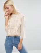 Asos Lace Front Blouse With Ruffle - Beige
