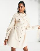 In The Style X Perrie Sian Corduroy Belted Shirt Dress In Cream-white