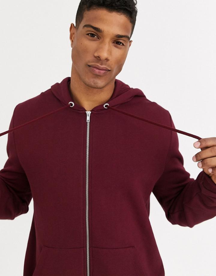 Asos Design Zip Up Hoodie In Burgundy-red