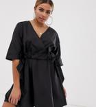 Asos Design Petite V Front V Back Ruched Waist Mini Smock Dress-black