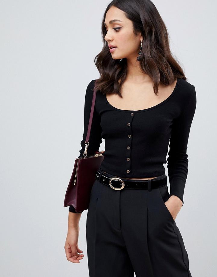 Miss Selfridge Scoop Neck Long Sleeve Top With Button Through In Black - Black