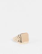 Asos Design Signet Ring With Side Detail Embossing In Gold Tone