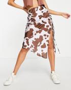 Asos Design Satin Lace Up Midi Skirt In Cow Print-multi