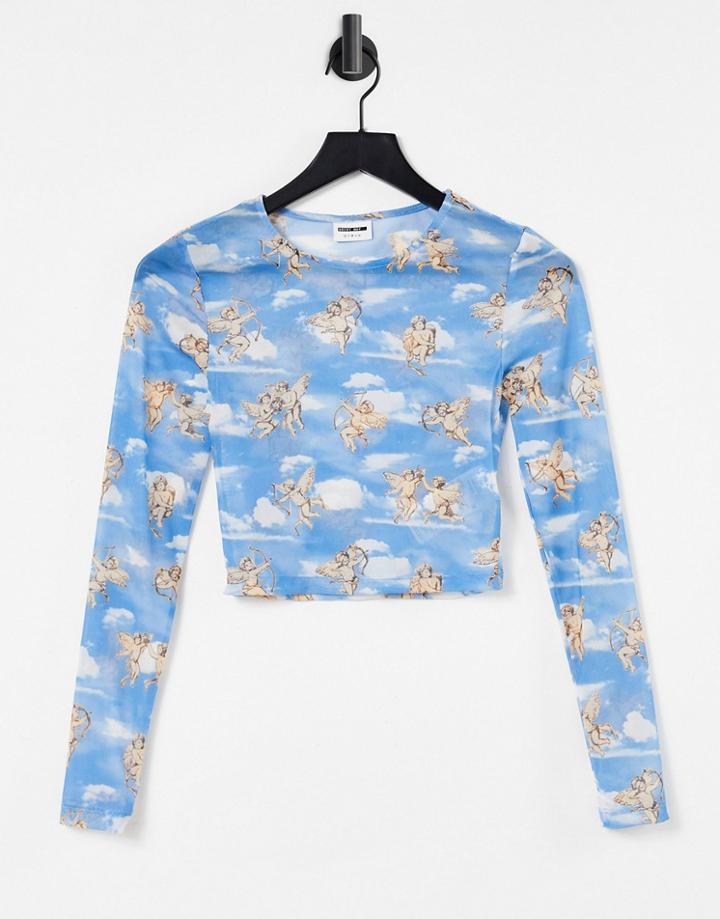 Noisy May Long Sleeve Mesh Cherub Print Crop Top In Blue-blues