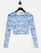 Noisy May Long Sleeve Mesh Cherub Print Crop Top In Blue-blues