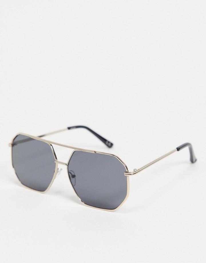 Asos Design Hexagon Brow Bar Aviator Sunglasses In Gold-black