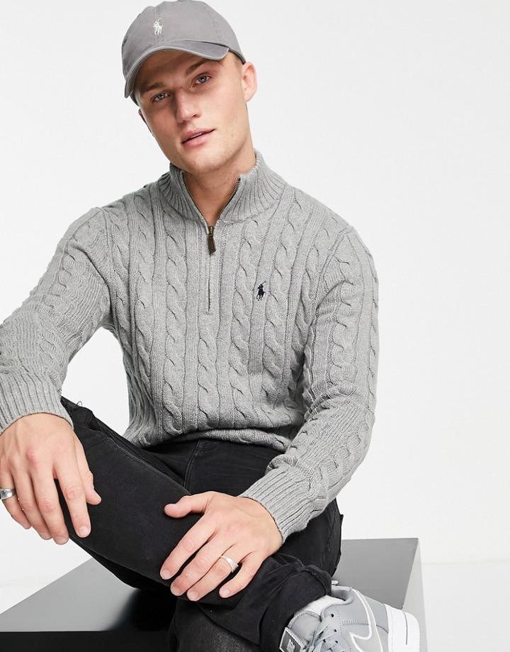Polo Ralph Lauren Icon Logo Half Zip Cotton Cable Knit Sweater In Gray Heather-grey