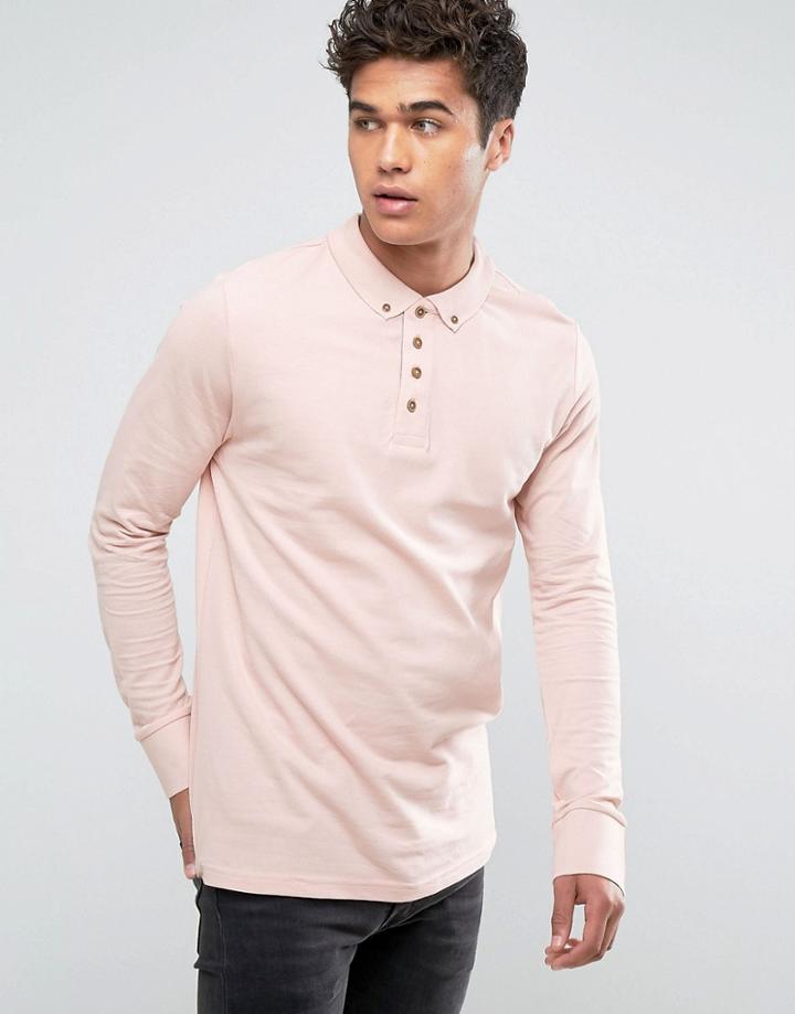 Brave Soul Long Sleeve Pique Polo Shirt - Pink