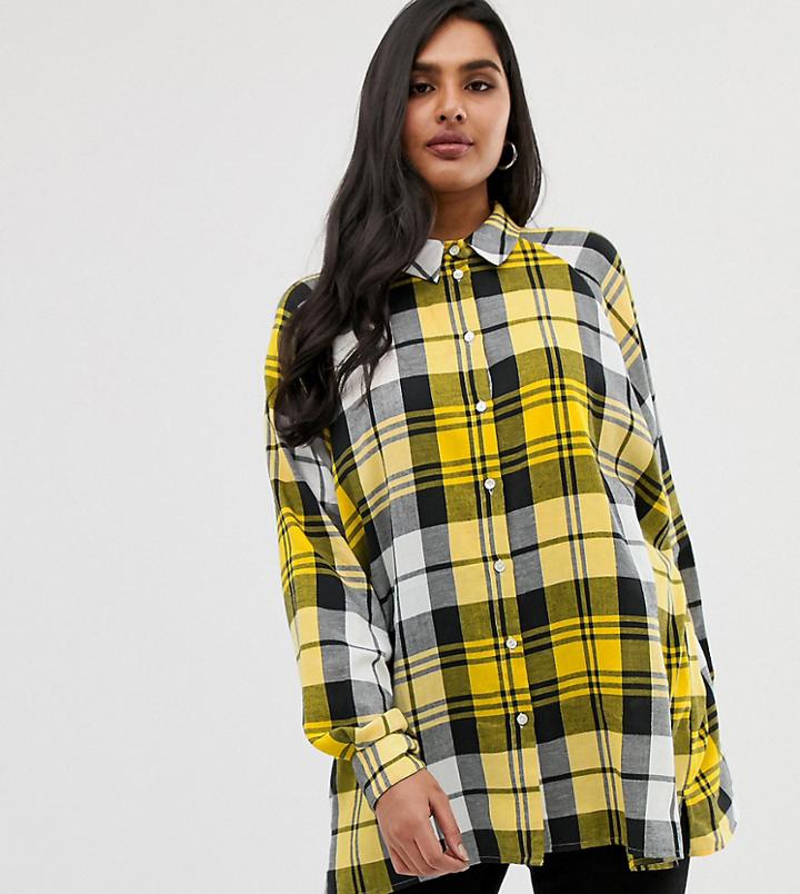 Asos Design Curve Oversized Boyfriend Shirt In Yellow Check - Multi