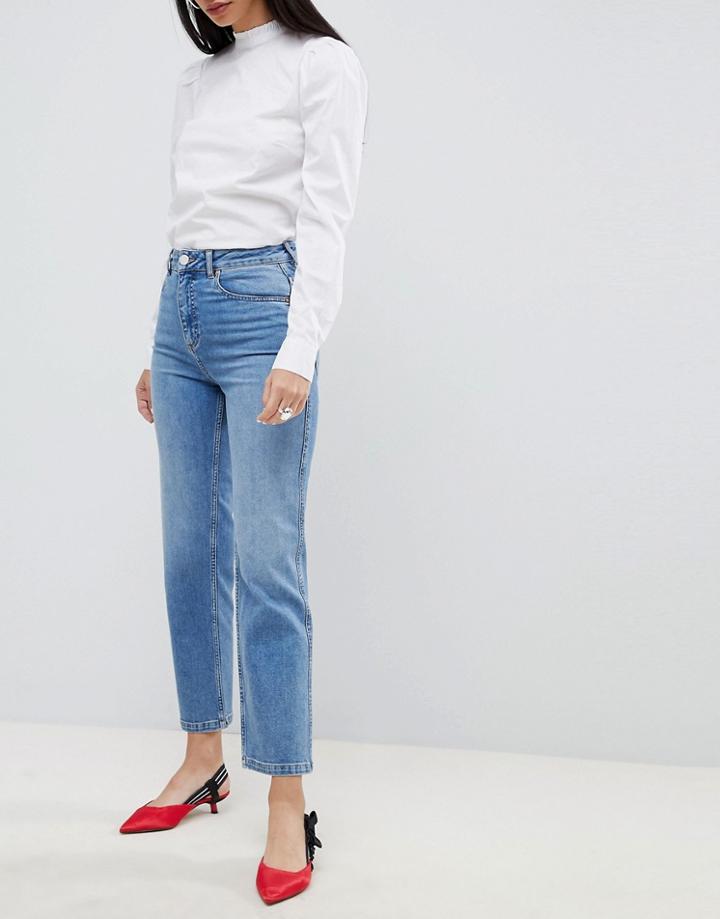 Asos Design Farleigh High Waist Straight Leg Jeans In Stone Wash Blue - Blue