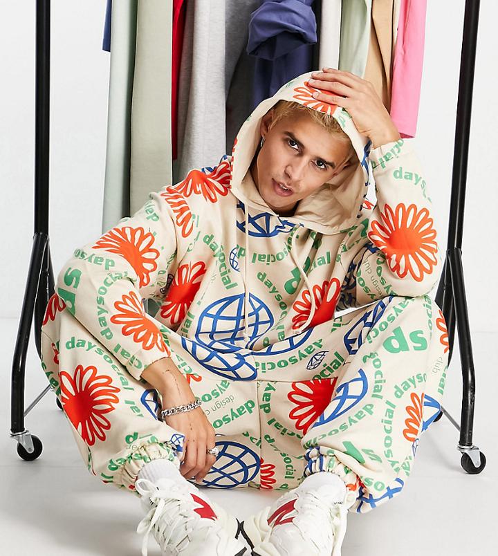 Asos Daysocial Oversized Hoodie With All Over Print In Off White - Part Of A Set