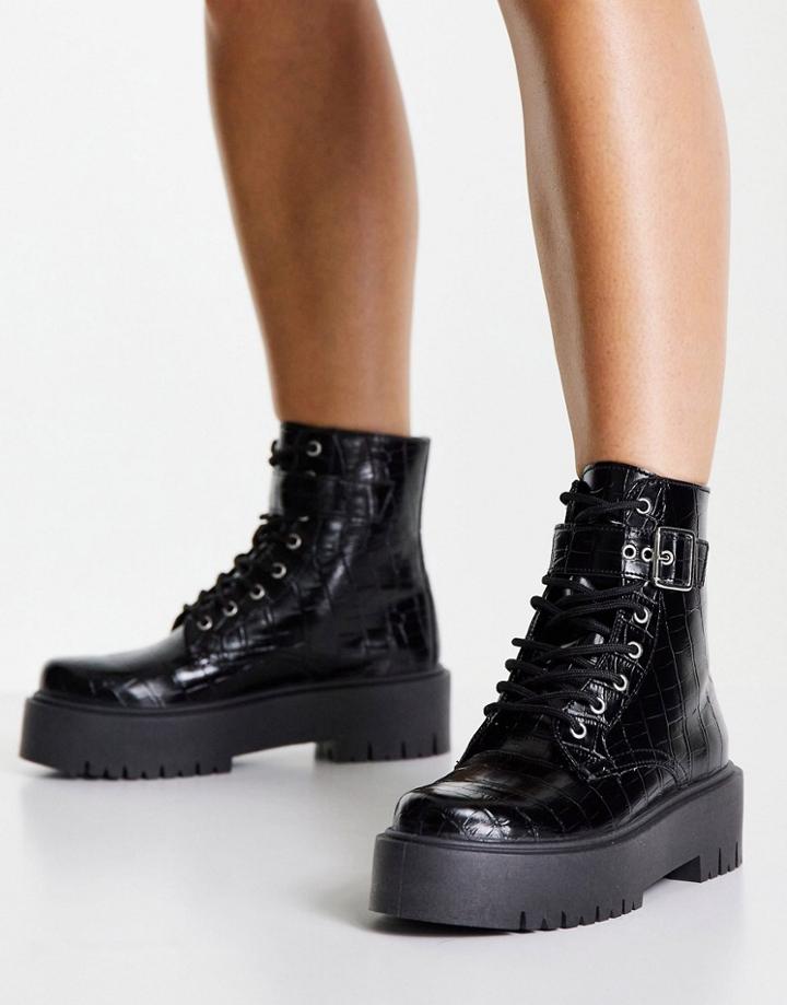 Miss Selfridge Arnot Black Croc Chunky Boots