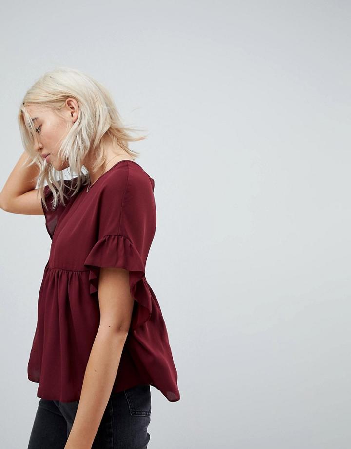 Asos Smock Top With Ruffle Sleeve - Purple