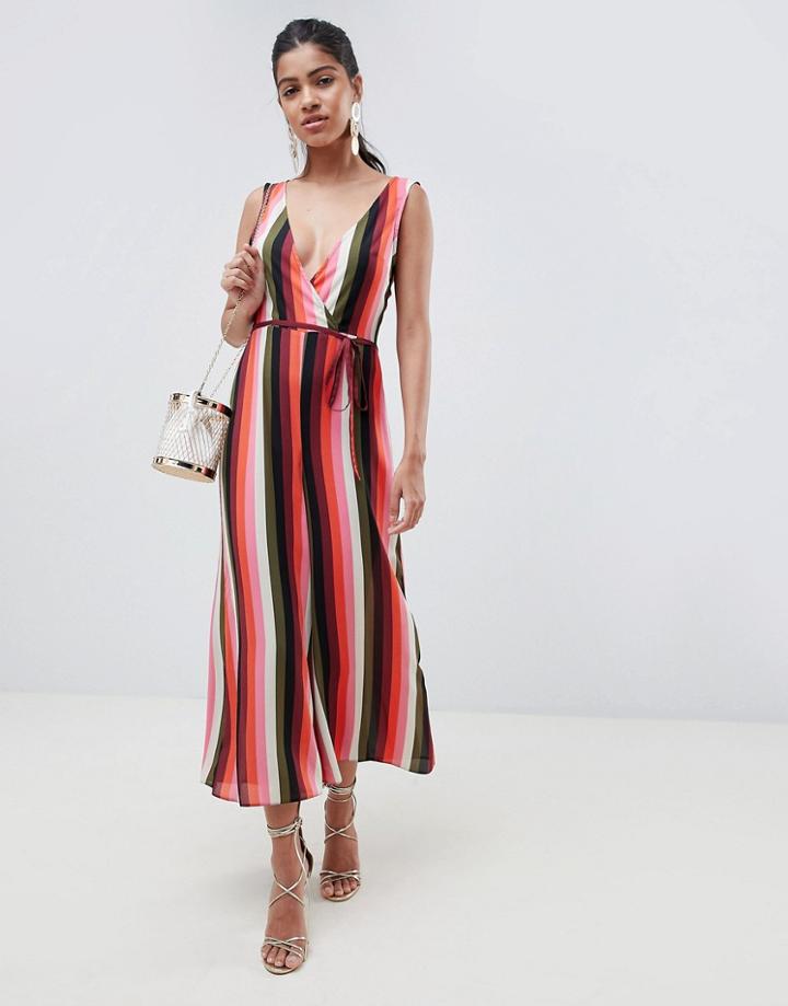Asos Design Jumpsuit With Wrap Front In Multi Stripe - Multi