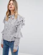 Vero Moda Stripe Floral Ruffle Sleeve Blouse - Gray
