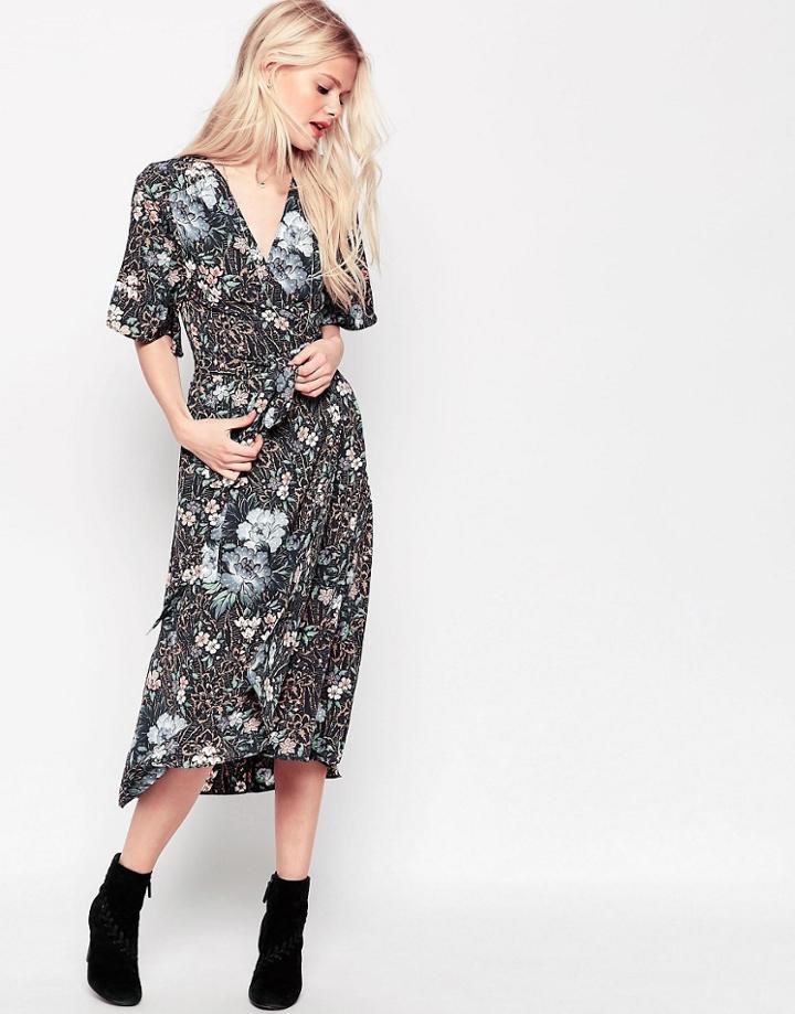 Asos Kimono Wrap Dress In Wallpaper Print - Print