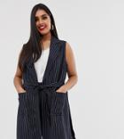 Simply Be Tailored Sleeveless Jacket With Belted Waist In Navy Pinstripe-blue