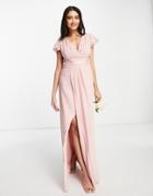 Tfnc Bridesmaid Ariana Flutter Sleeve V Neck Dress In Dusty Pink-orange