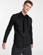 Asos Design Black Poplin Shirt With Oversized Pussybow Tie Neck