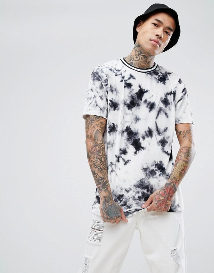 Asos Longline T-shirt In Velour With Tie Dye Effect And Neck Tipping - Gray