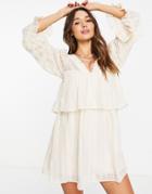 Asos Design Lace Insert 70's Mini Dress With Tiered Skirt In Cream-white