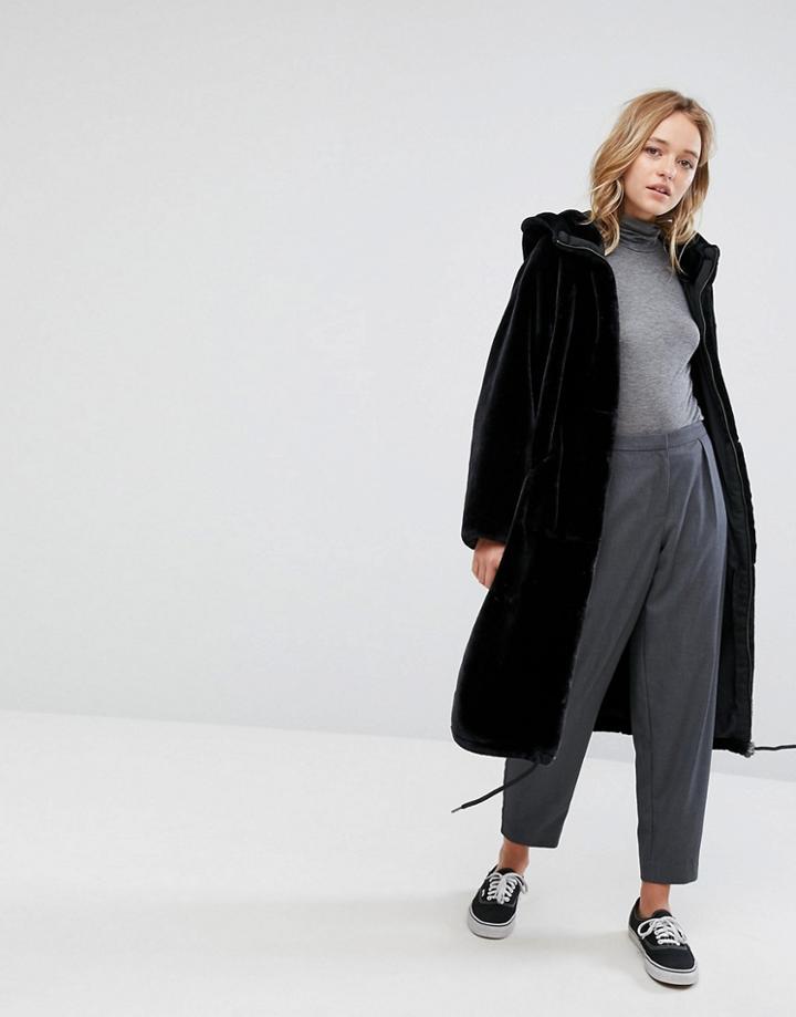 Monki Faux Fur Zip Coat - Black