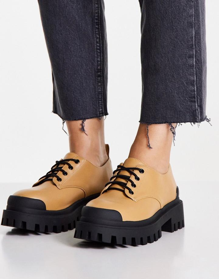 Asos Design Mayan Chunky Lace Up Flat Shoes In Camel-neutral