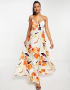 Asos Design Cami Plunge Tie Back Maxi Dress In Floral Print-multi