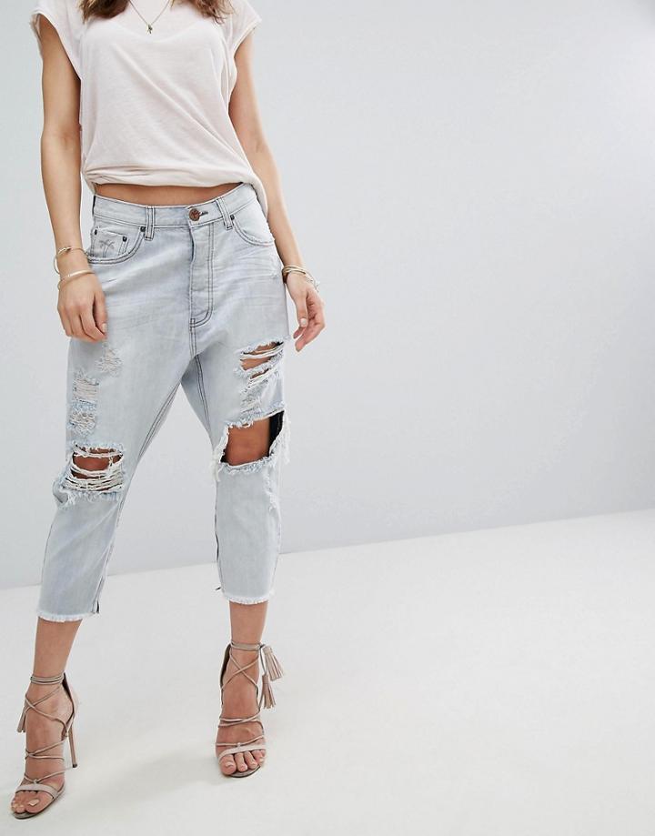 One Teaspoon Kingpins Low Waist Drop Crotch Straight Leg Jean With Rips - Blue