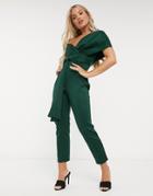 Asos Design Fallen Shoulder Scuba Jumpsuit In Forest Green