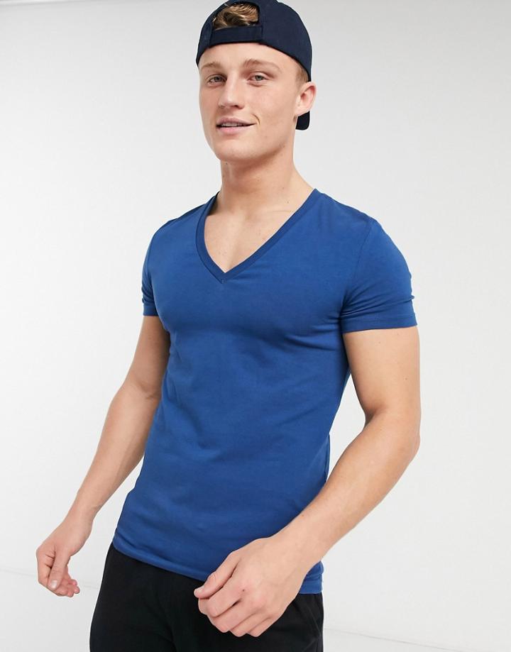 Asos Design Muscle Fit T-shirt With Deep V Neck In Navy-blues