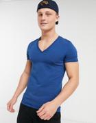 Asos Design Muscle Fit T-shirt With Deep V Neck In Navy-blues
