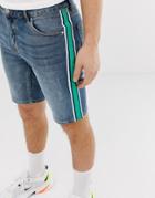 Asos Design Skinny Denim Shorts In Mid Wash Blue With Sporty Side Stripe