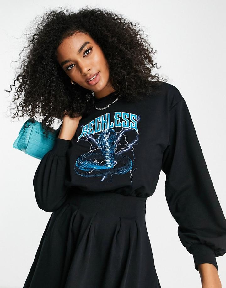 Asos Design Skater Mini Sweat Dress In Black With Graphic