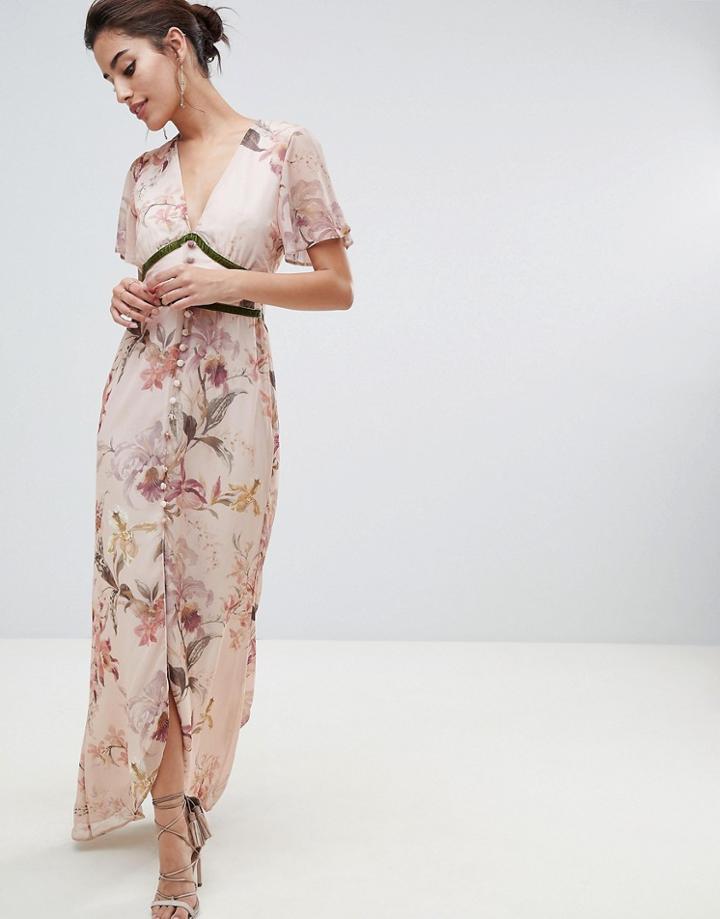 Hope & Ivy Fluted Sleeve Maxi Dress With Velvet Trim - Cream