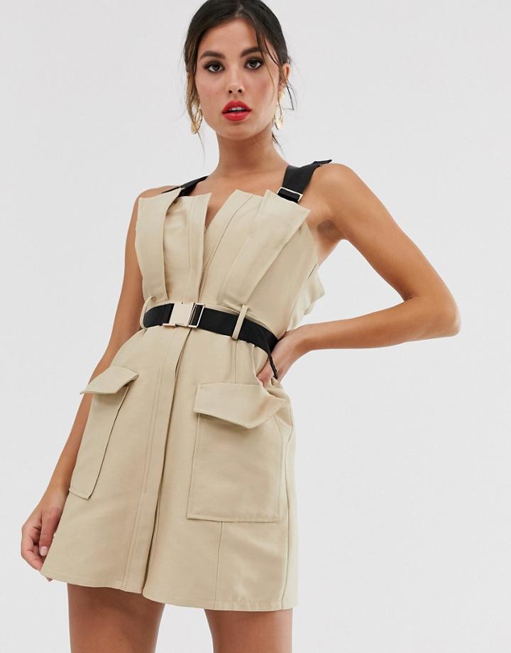 Asos Design Mini Trench Dress With Contrast Buckle And Strap Detail-beige