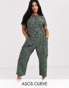 Asos Design Curve Short Sleeve Button Front Boilersuit In Green Animal Print