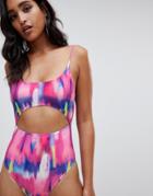 Asos Design Cut Out Swimsuit In Smudge Print - Multi