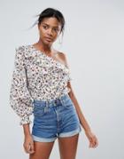 New Look One Shoulder Ditsy Floral Print Top - White
