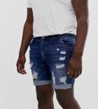 Asos Design Plus Denim Shorts In Skinny Dark Wash With Heavy Rips-blue