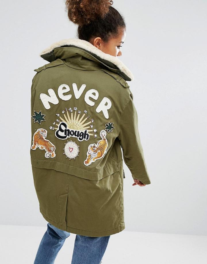 Pull & Bear Fleece Collar And Back Applique Parka - Green
